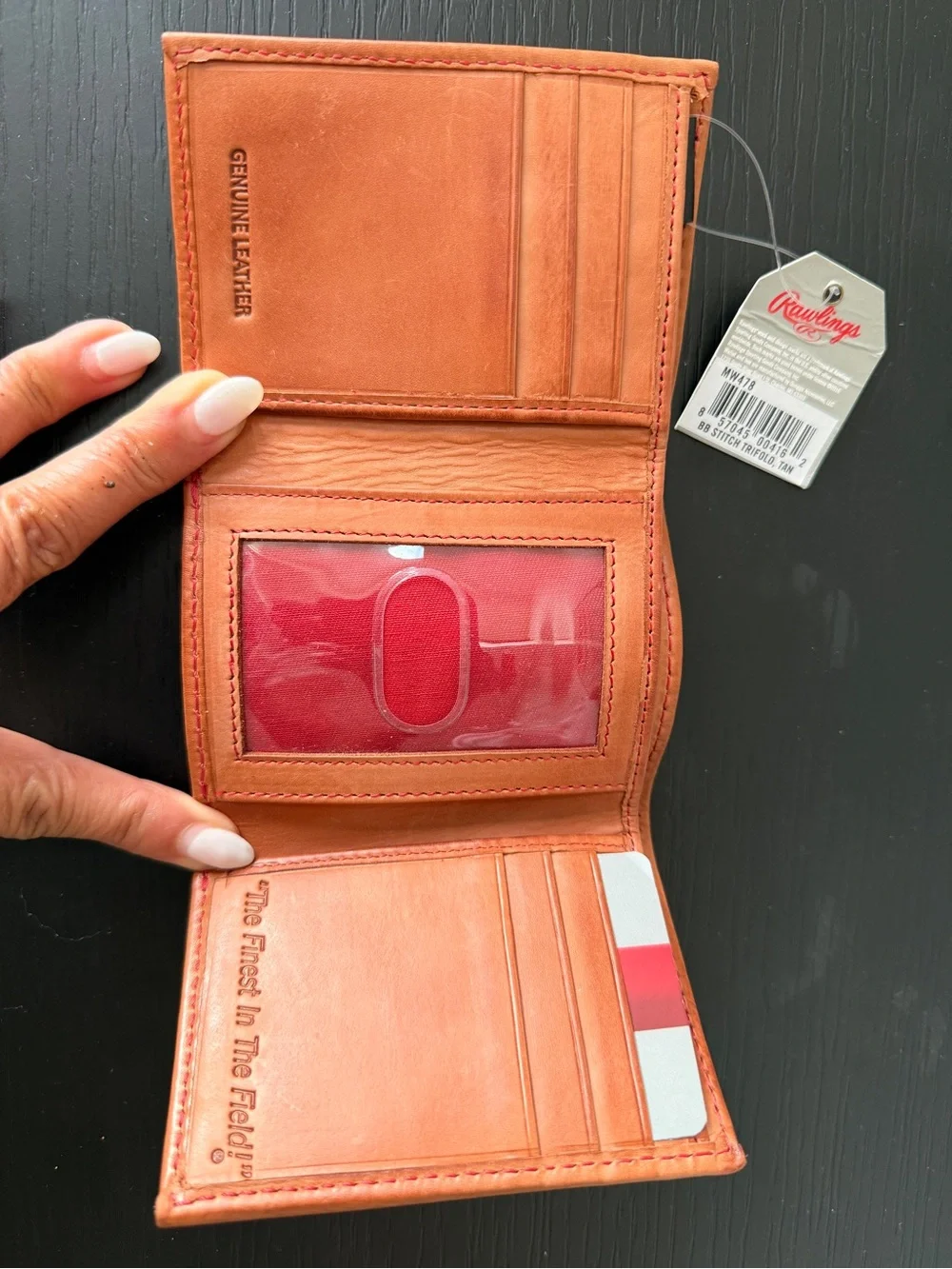 Rawlings Tan Leather Trifold Wallet with Red ID Window